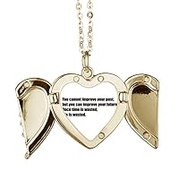 Quote Once Time is Wasted Life is Wasted Folded Wings Peach Heart Pendant Necklace