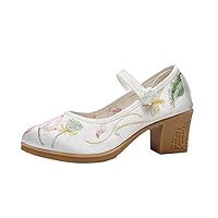 Embroidered Mid Heeled Women Shoes Autumn Pumps with Traditional Button Ladies Round Toe Ankle Strap Party Shoe White 8