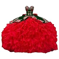Mollybridal Red Floral Flowers and Ruffles Sweetheart Ball Gown Quinceanera Prom Dresses Mexican Style 2024 Gold Buttons Bows
