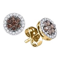 The Diamond Deal 10k Yellow Gold Womens Cognac-brown Color Enhanced Diamond Flower Cluster Screwback Stud Earrings 1/4 Cttw