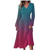 Women's Formal Dresses Autumn and Winter Casual Fashion V-Neck Long Sleeve Gradient Print Dress, S-2XL