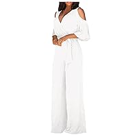 Jumpsuits for Women V-Neck Hollow Short Sleeves Casual Long Pants Wide Leg Pants Jumpsuits
