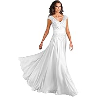 Women's V-Neck Appliques A-Line Lace Chiffon Mother of The Bride Dress Long Evening Gowns