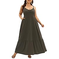 Pinup Fashion Women's Plus Size Maxi Dress Summer Spaghetti Strap Ruched Bust Tiered Long Casual Flowy Sundress