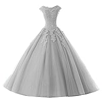Long Tulle Long Lace Appliques Ball Gown Quinceanera Dresses Beads Prom Party Gowns Sweet 16 Formal Dress US Size 4 Silver