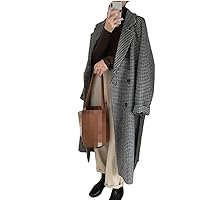 Retro Plaid Faux Woolen Long Coats Women Winter Loose Thick Jacket Elegant Belt Casual Blends Outwear