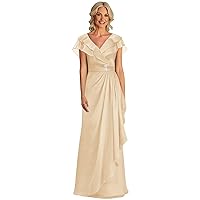 Champagne Mother of The Bride Dress Ruffles Cap Sleeve Pleated Long Formal Evening Gown for Women Size 10