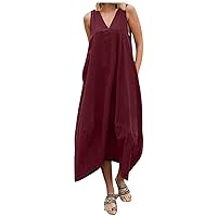 2024, Summer Dresses for Women Beach Solid Tshirt Sundress Casual Pockets Elegant Boho Tank Dress Casual (5XL, Wine)