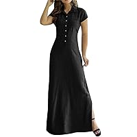 Women's Shirt Neck Slit Pocket Large Swing Skirt Large Size Casual Denim Dress Long Dressy Maxi Dresses for Women