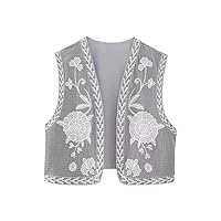 Vintage Floral Embroidery Open-Waist Coat Women Ethnic Style Vest Coat Set Casual Holiday Short Tops