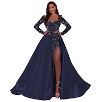 CWOAPO Long Sleeve Prom Dress with Slit Sequin Satin Ball Gown for Women Formal Evening Party Gown with Detachable Train