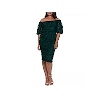 XSCAPE Womens Green Stretch Lace Zippered Elbow Sleeve Off Shoulder Below The Knee Formal Sheath Dress 8