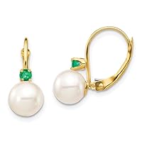14k Gold 7 7.5mm White Round Freshwater Cultured Pearl Emerald Leverback Earrings Measures 16mm long Jewelry for Women