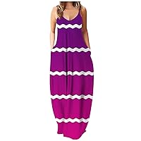 Women Summer Casual Bohemian Maxi Dress Strappy V Neck Sleeveless Gradient Striped Cami Long Dress with Pockets
