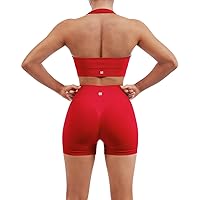 SUUKSESS Women Seamless Ribbed Workout Set Backless Sports Bra Booty Biker Short