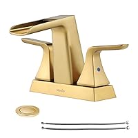 NEWATER Two-Handle Waterfall 4-inch Centerset Three Hole Bathroom Sink Faucet with Metal Pop Up Drain & Supply Lines Vanity Faucet Bathroom Vessel Mixer Tap Deck Mounted，Brushed Gold