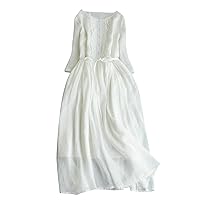 Cotton Linen Dress for Women Vintage Frill Trim Button Down Long Sleeve Casual Midi Dresses Fall Loose Flowy Sundress