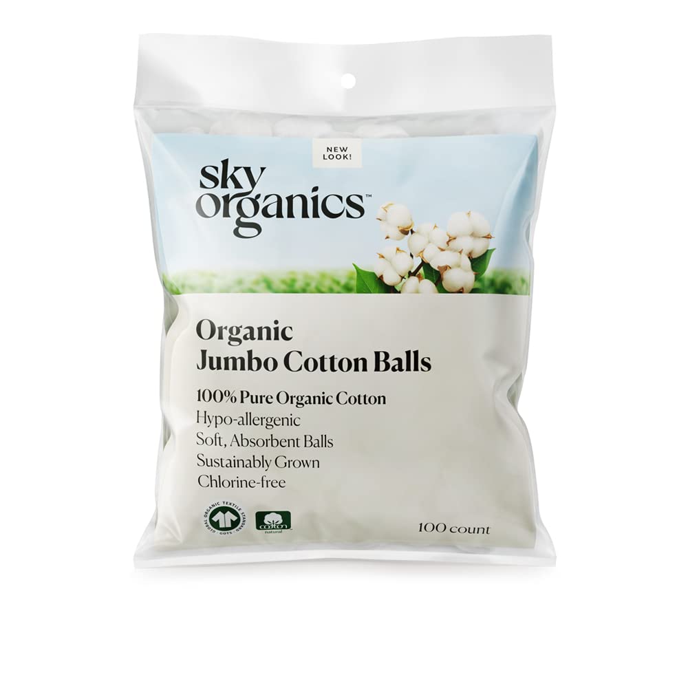 Sky Organics Organic Jumbo Cotton Balls for Sensitive Skin, 100% Pure GOTS Certified Organic for Beauty & Personal Care, 100 ct.