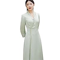 Spring Summer Women's Satin Dress,Retro Elegant Embroidery,A Line Lady Party Hanfu Dress