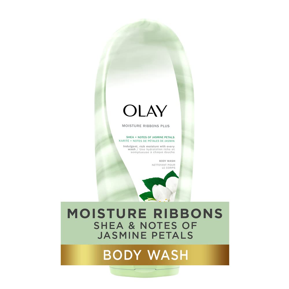 Olay Moisture Ribbons Body Wash with Shea and Notes of Jasmine Petals, 532 mL, White and Green, Pack of 1