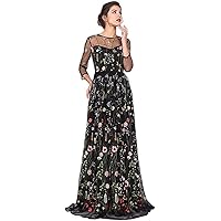Women's Floral Embroidery Prom Dress 3D Flower Long Tulle Formal Evening Party Gowns