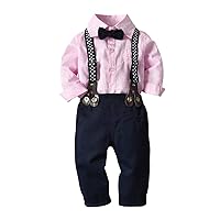 Newborn Baby Boys Gentleman Outfits Suits, Infant Long Sleeve Shirt with Bow Tie+Suspender Pants Toddler 4Pcs Set