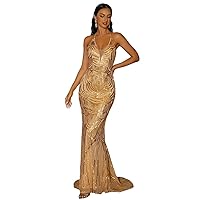 Lin Lin Q Women’s Formal Sequin Halter Maxi Prom Dress, Backless Lace-Up Mermaid Evening Gown
