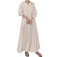 Linen Dress for Women Summer, Women's Cotton Lazy Style Loose Long Knee Length Ethnic Shirt Dresses, S XL