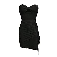 Women's Sexy Cutout Drawstring Side Trim Ruched Bustier Tube Bodycon Mini Dress Twisted Slit Short Dresses