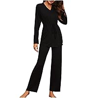 Women Modal Loungewear Set 2 Piece Elegant Pjs Outfits Long Sleeve Lace-Up Waist-Defined Tunic Tops and Pants Pajama