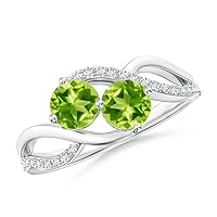 Sterling Silver 925 Peridot Round 4.00mm Two Stone Ring With Rhodium Plated | Beautiful Evergreen Design Ring For Woman's And Girls