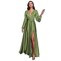 XIMILU Long Sleeve Bridesmaid Dresses Satin V Neck Formal Party Gown for Women Wedding Guest Dresses with Slit