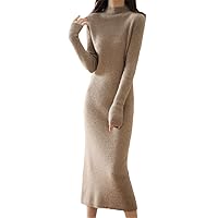 Women Wool Knitted Midi Dress Winter Half High Collar Basic Ribbed Long Sleeve Bodycon Sexy Solid Dress