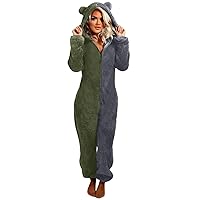 Women Cute Color Block Sherpa Romper Pjs Fleece Onesie Pajama Zip Up Hooded Jumpsuit Plush One-Piece Sleepwears