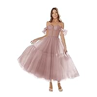 Basgute Off Shoulder Tulle Prom Dresses for Women Tea Length A Line Corset Sweetheart Teens Formal Evening Party Gowns