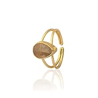 Handmade Pear Shape Gemstone Ring | Gold Plated Double Band Stackable Ring Jewelry | Smoky Quartz Gemstone Adjustable Ring | Gift For Her 2119 1