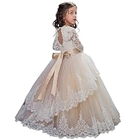 Pageant Flower Girls Dress Lace Long Sleeves Princess Tulle Ball Gown Champagne US 8