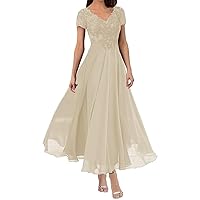 Mother of The Bride Dresses Tea Length Cap Sleeves Formal Party Gowns Chiffon for Women