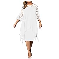 Women's Sequin Dress Fashion Mesh Chiffon Hollow Out Double Plus Size Dress Paneled 3/4 Sleeve Dress, L-4XL