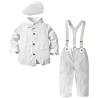 SANGTREE Boys Clothes Set, Shirt with Bow Tie + Beret Hat + Suspender Pants Sets, 3 Months - 9 Years