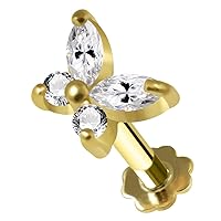 14K Solid Yellow Gold Butterfly Cz Stones Push Fit Top 16 Gauge Flower Back Labret - Tragus Bar Piercing - Labret Stud Helix - Tragus Piercing Jewelry