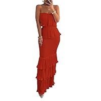 Woman Ruffle Sexy Strapless Backless Dress Party Dress Solid Sleeveless Bodycon Long Dress