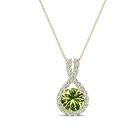 Round Peridot & Natural Diamond 1 1/6 ctw Women Halo Pendant Necklace. Included 16 Inches Chain 14K Gold