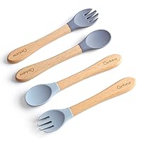 Ginbear Silicone Baby Spoon and Fork Self-feeding, Baby Flatware Sets for Boy, Toddler Feeding Utensils for Child 6 Months+ (Gray/Blue)