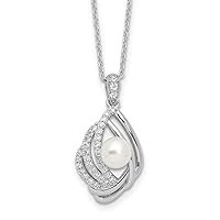 Cheryl M 925 Sterling Silver Rhodium Plated Freshwater Cultured Pearl and Brilliant cut CZ Teardrop Design Necklace With 2 Inch Extender 18 Inch Jewelry Gifts for Women