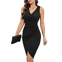 IHOT 2024 Women's Sexy V Neck Sleeveless Faux Wrap Ruched Sheath Bodycon Cocktail Party Work Dress