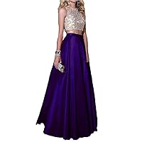 VeraQueen Women's Crystal Beaded Long Prom Dresses A Line Two Piece Formal Evening Dress