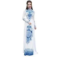 Vietnam Clothing Cheongsam Dress Vietnamese traditionally Blue and White Porcelain