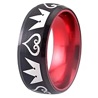 Cosplay Jewelry Kingdom Hearts & Crowns Design Ring 8mm Width Red and Black Tungsten Ring Matte Finish Beveled Edges Wedding Band-Free Customized Engraving