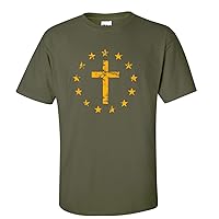 Men's Christian Cross Surrounded by Patriotic Betsy Ross Flag 13 Stars Short Sleeve T-Shirt-Military-Small